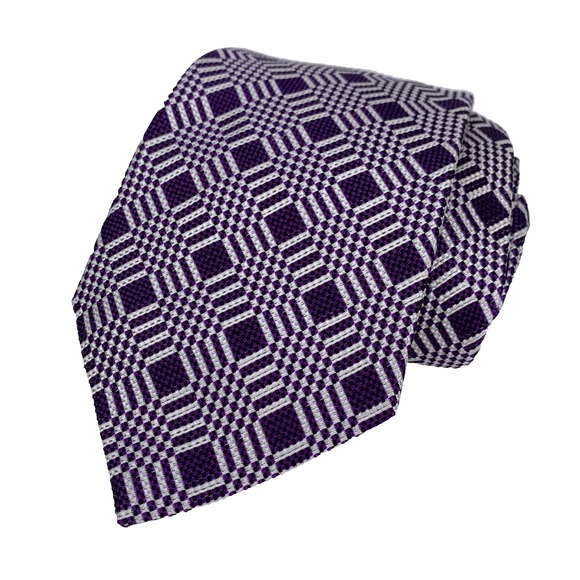 Turnbull and Asser Mens Tie White & Purple Geometric Design Repp Weave 100% Silk